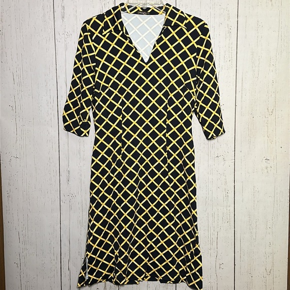 J. McLaughlin Black Gold Bamboo Print Faux Wrap Surplice Catalina Cloth Dress XS - Picture 1 of 3